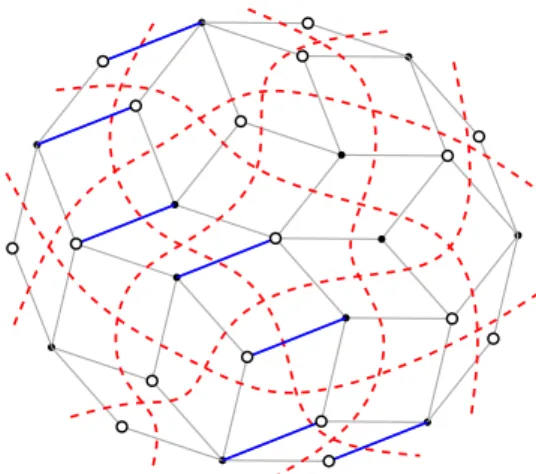 Figure 7: The train track representation (in dotted red lines) of the isoradial graph in Figure 1