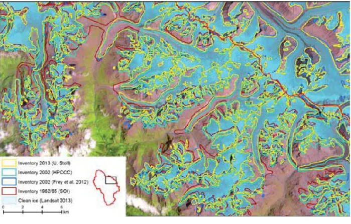 Figure 6: Comparison of glacier inventories for a sub-scene in the east of Kullu district for different years,  and using different mapping techniques