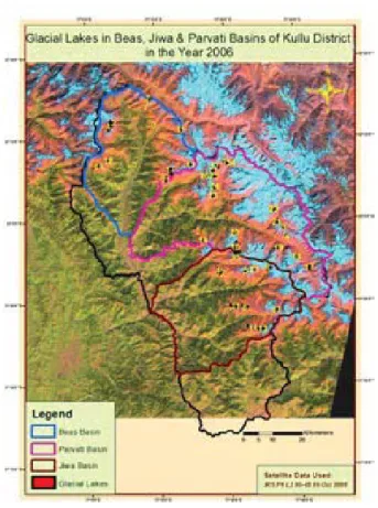 Figure  7: Example  of  a  manually  digitized  glacier  lake inventory compiled for the main basins of the  Kullu district using satellite imagery from 2006