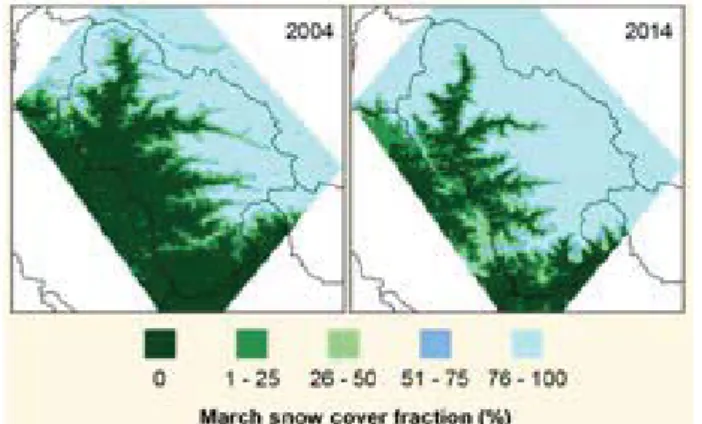 Figure  10: Monthly  average  snow  cover  derived  from  semi-automated  mapping  using  AWIFS  satellite data for the three main basins of the Kullu  district, 2004  –  2014.
