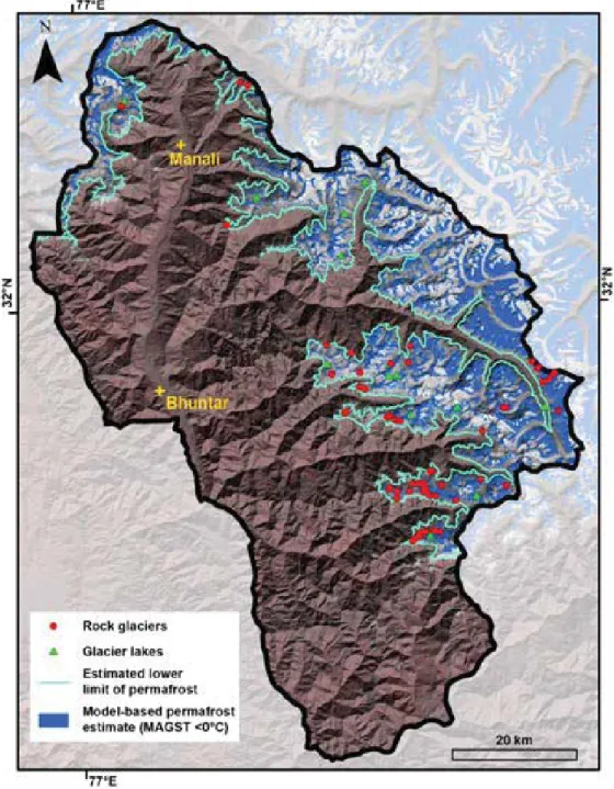 Figure  11: Mapped  rock  glaciers  across  the  Kullu  district  are  compared  to a  model-based  estimated  permafrost distribution