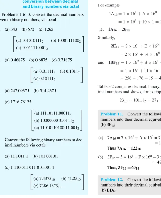 Table 3.2 compares decimal, binary, octal and hexadec- hexadec-imal numbers and shows, for example, that
