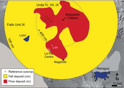 Fig. 15. Hazard map for a possible future Malpaisillo-type eruption based on the thickest deposits observed in the ﬁeld