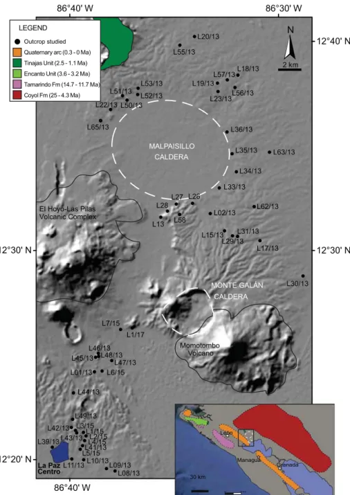 Fig. 2. Digital elevation model of the mapped area with studied outcrops. The inset illustrates the Quaternary volcanic front (in orange) and the other Nicaraguan volcanic formations up to the Miocene