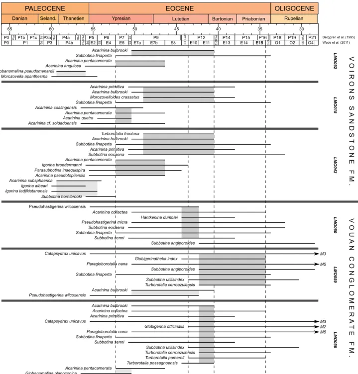 Fig. 5 Age ranges of the studied and revised samples of the Voirons Flysch based on planktonic foraminifera biostratigraphy