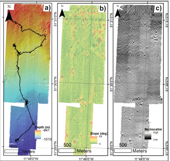 Fig. 2. a) Multibeam echosounder bathymetric coverage with the ROV video groundtruthing line shown in black; 2b) seabed slope within the study area (degrees);