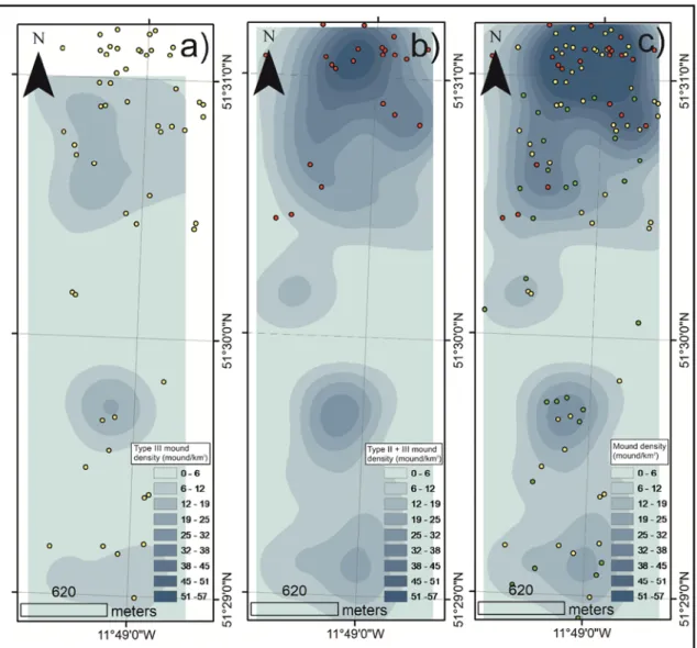 Fig. 6. Mound density maps a) Type III mound density raster with Type II mound points overlaid (yellow); b) Type III and type II mound density raster with Type I mound points overlaid (red); c) all mound density raster overlaid by the distribution of all m