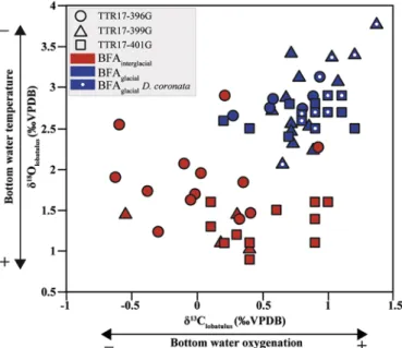 Fig. 6. Crossplot of benthic δ 13 C and δ 18 O data. Samples where Discanomalina coronata occurs are marked by a white dot.