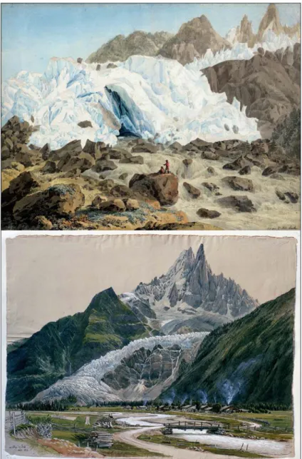 Figure 4. Frontal view of the Mer de Glace (a) around 1804, drawn with pencil, watercolour  and gouache by J.-A