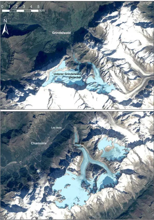 Figure 1. Outlines of Lower Grindelwald Glacier (Bernese Oberland, Switzerland) and Mer  de Glace (Mont Blanc massif, France) on a Landsat 5 satellite image from 25 September 2013 