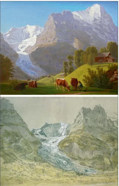 Figure 3. Tongue of the Lower Grindelwald Glacier: (a) strongly melted back on the  Schopffelsen rock terraces, as drawn with oil on canvas by J