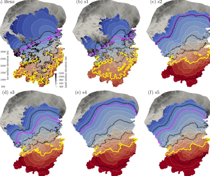 Figure 4. Ice surface elevation in meters above sea level for (a) Benz-Meier (2003) and (b–f) simulations s1 through s5