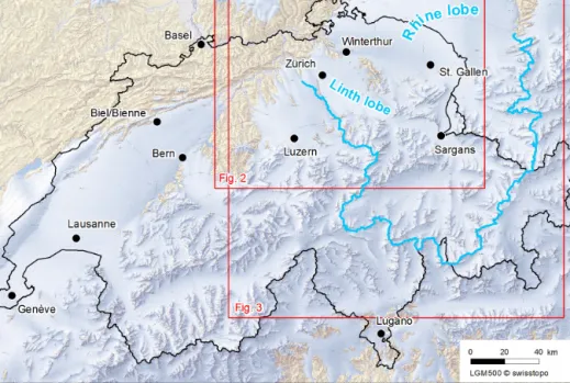 Figure 1. Map of Swiss Alps at the LGM showing maximum extent of ice cover (from Bini et al., 2009) with outline of Rhine glacier basin in blue