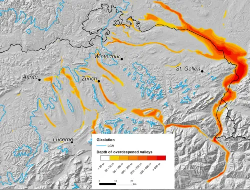 Figure 2. Depth of overdeepened valleys in the Rhine glacier basin (Pietsch and Jordan, 2014)