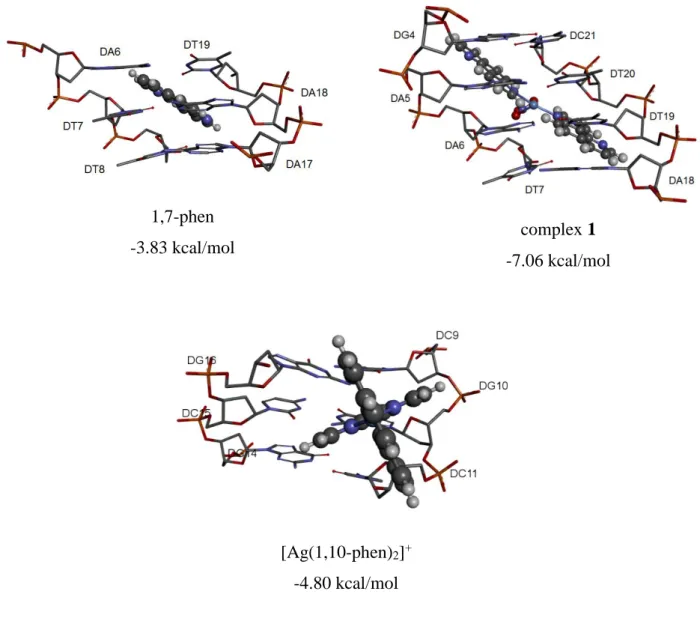 Fig.  S4.  The  most  stable  binding  of  the  tested  compounds  to  base  pairs  of  DNA  and  the  corresponding binding energies, as assessed by molecular docking