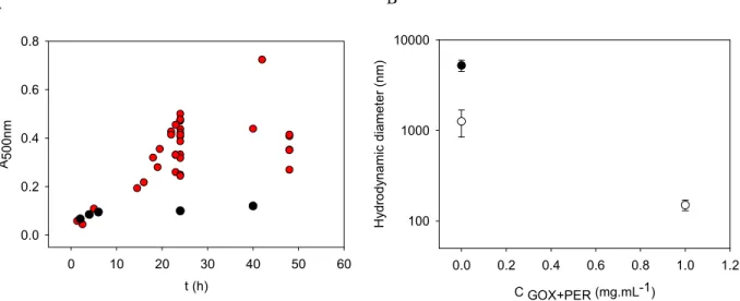 Figure SI 6 : A : Absorbance of PDA films deposited on quartz slides recorded at  λ =500 nm as a  function of the oxidation time in the presence of dopamine at 2mg.mL -1  (Tris buffer 50 mM, pH 
