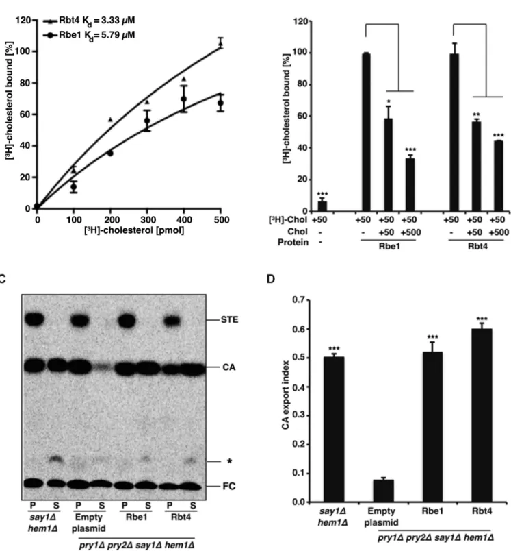 Fig 2. Rbe1p and Rbt4p bind cholesterol in vitro and rescue the sterol export defect of yeast cells lacking PRY1 and PRY2