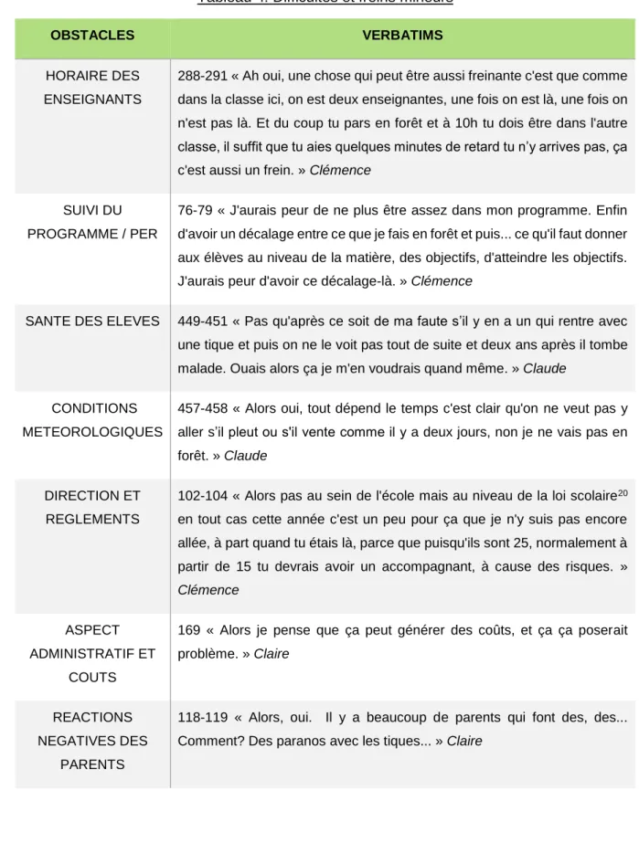 Tableau 4: Difficultés et freins mineurs 