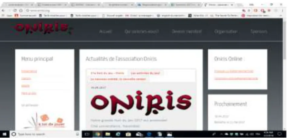 Tableau 1 : Vue du Homepage d'Oniris 