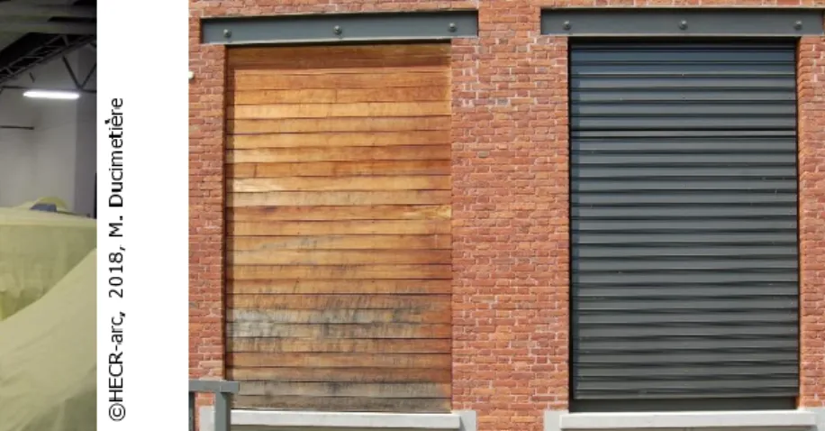 Fig. 2 : Réserve R+2 de la Cité de l’Automobile  Fig. 3 : Fenêtre condamnée par des planches en bois (gauche)  et équipée de stores métalliques (droite)