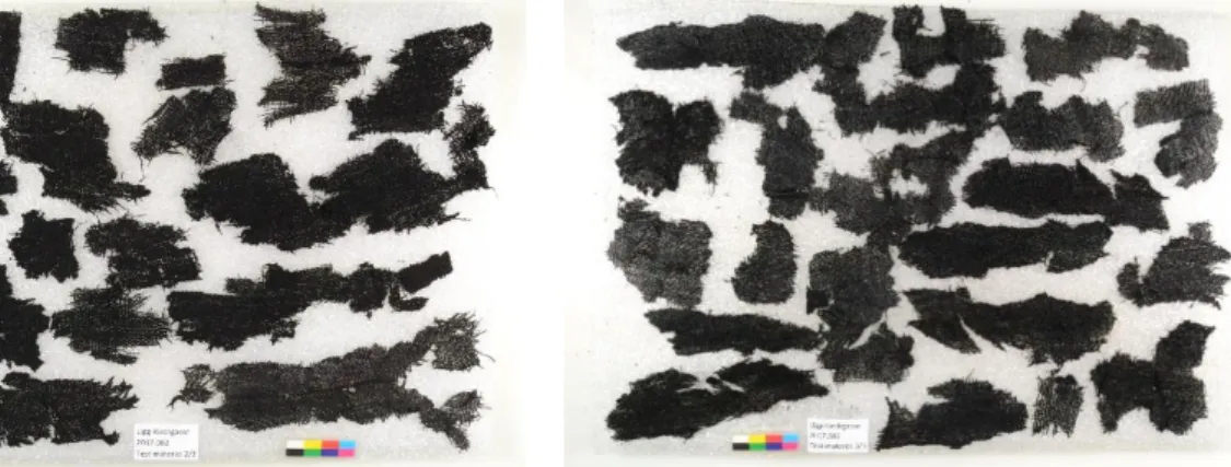 Figure 6 Charred archaeological textiles from Elgg,  Kirchgasse 1. Test material from the box 2/3 ©HE-Arc 