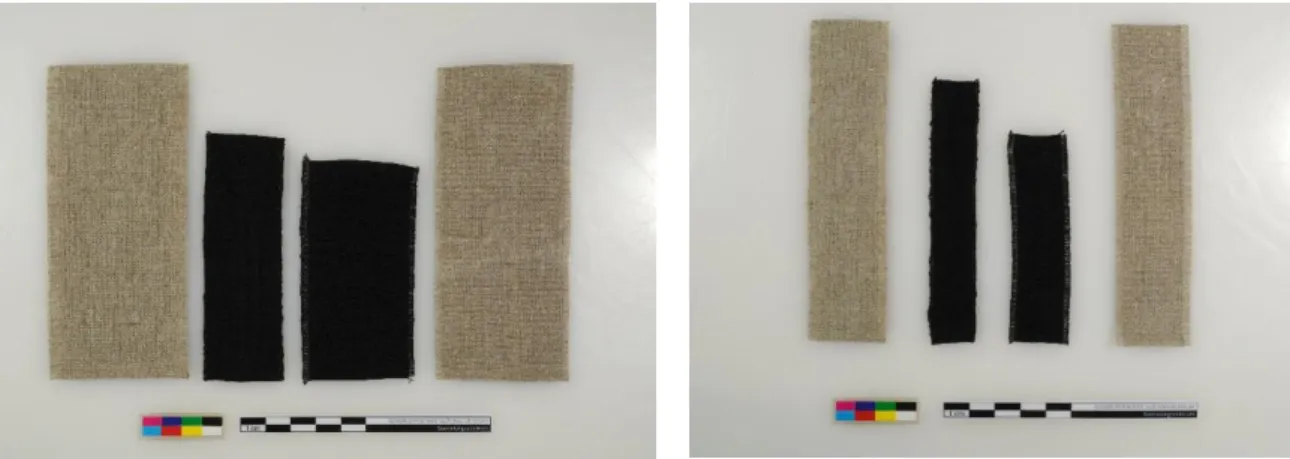 Figure 76 Comparison of the dimensions before  and after carbonisation of a weft sample (left) and 