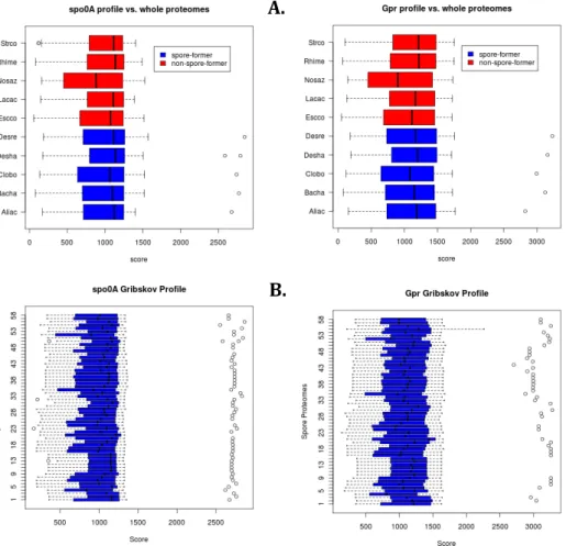 Figure  2.1  A.  Validation  of  the  profiles  created  for  the  genes  spo0A  and  gpr  compared  to  a  selection  of  genomes  of  endospore‐forming  Firmicutes  (blue  bars)  and  non‐spore‐forming  genomes  (red  bars)
