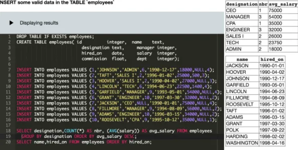 Figure 6.3. SQLite question from Lecture 1, Advanced SQL. It comprises a text editor (left) to write and execute SQL queries on an in-browser database instance, and a results pane (right) to visualize the query results.