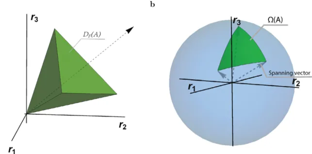 Fig. 1. Visualization of the feasibility domain and its normalized solid angle  . For a ﬁctitious community of three species represented by an interaction matrix A with  all negative entries, the ﬁgures correspond to the parameter space of intrinsic growth