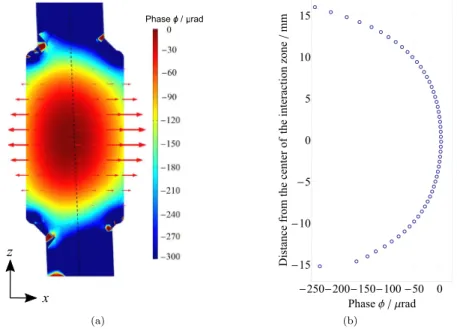 Figure 9.   Analysis of the longitudinal phase gradient. (a) shows the phase variation that occurs in an interaction zone in the same vertical  plane 0xz as the atomic beam