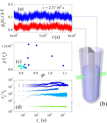 FIG. 4. (a) Temporal fluctuations of the dynamics at a fixed time lag τ ≈ τ α for a PNiPAM sample with ϕ = 0.851 (data are offset vertically for clarity)