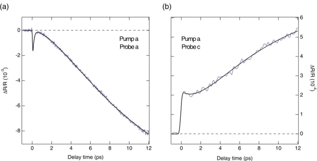FIG. 6. Temporal traces of the R/R response at 8 K along the (a) a and (b) c axis, resulting from the integration over 0.10 eV around the probe photon energy of 1.80 eV