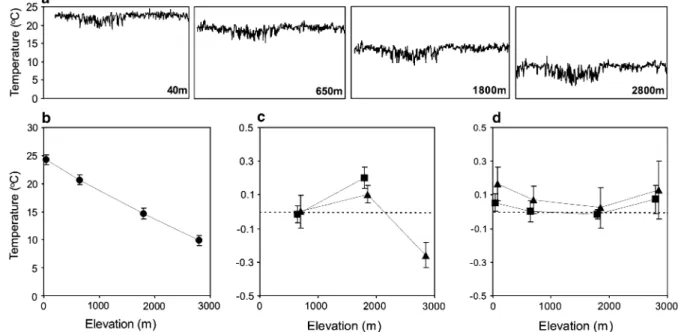 Fig. 1 Temperature data at four elevations along the study transect for the observation period August 2002–December 2003