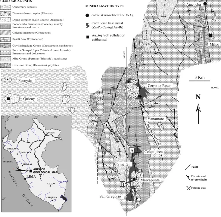 Fig. 1 General geology and main mining centers in the Cerro de Pasco sector, central Peruvian Andes