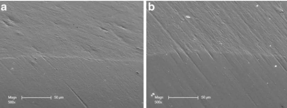 Fig. 5 a Initial adaptation with enamel showing a perfect adaptation before loading. b Same restoration margin segment after loading showing perfect adaption and a stable margin quality, which was the most common observation in both occlusal and proximal e