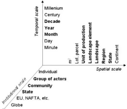 Figure 1. Spatial, temporal and organizational scale of the system under study. In bold, the most important scalar levels are highlighted.