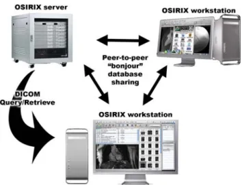 Fig. 4 Diagram illustrating a peer-to-peer architecture using bon- bon-jour technology for remote consultation of image data between different workstations on the network and facilitated access to multiple sources of DICOM image data from multiple servers