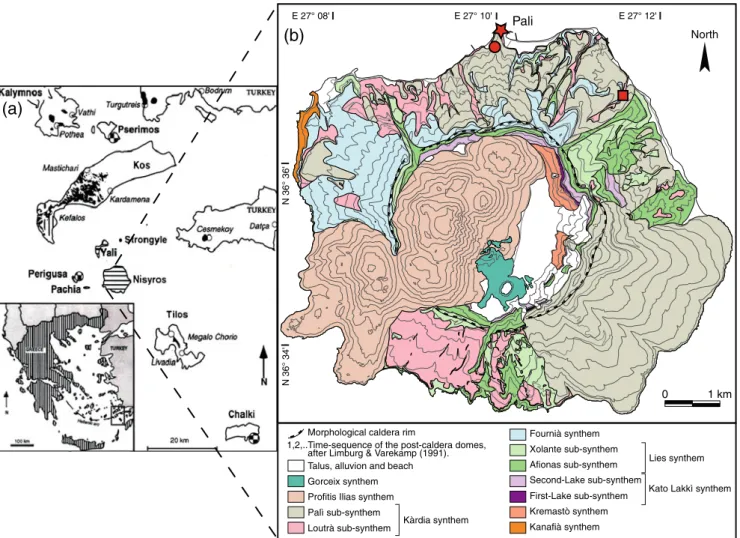 Fig. 1 a Regional setting of the Hellenic arc and the Kos-Nisyros complex (from Allen 2001)
