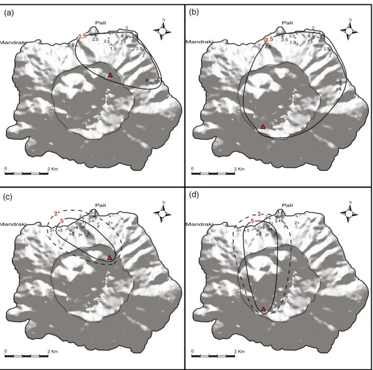 Fig. 3 a Isopach maps for LP compiled assuming a vent located on the north and b on the south rim of the caldera