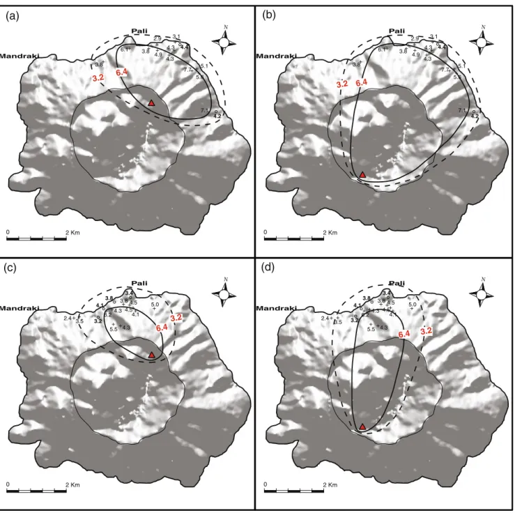 Fig. 3). To overcome this challenge, we have applied four different methods and compared and discussed the  associ-ated results: Pyle (1989), Legros (2000), Bonadonna and Houghton (2005), and Connor and Connor (2006).