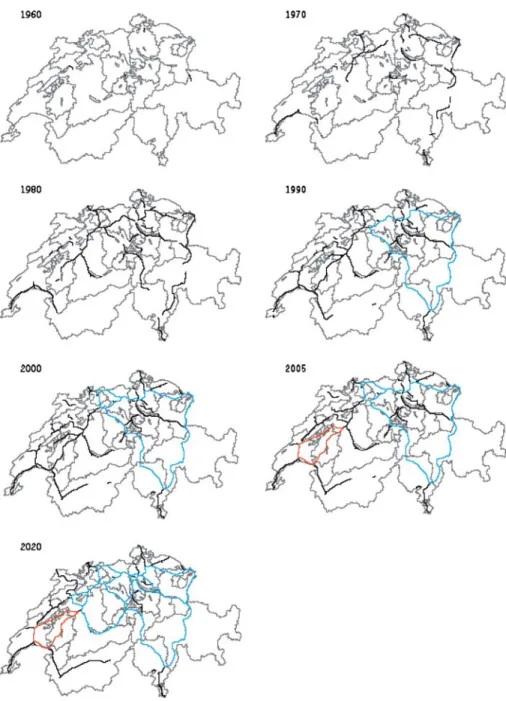 Fig. 2 Development of the Swiss freeway network 1960 – 2020 (black: part of a tree; blue part of ring 1;