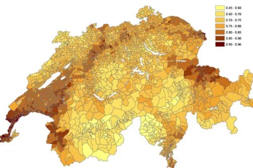 Figure 7 shows the growth of network efficiency from 1950 to 2000 and points out the distinctive development among the agglomerations of Geneva, Lausanne and Basle