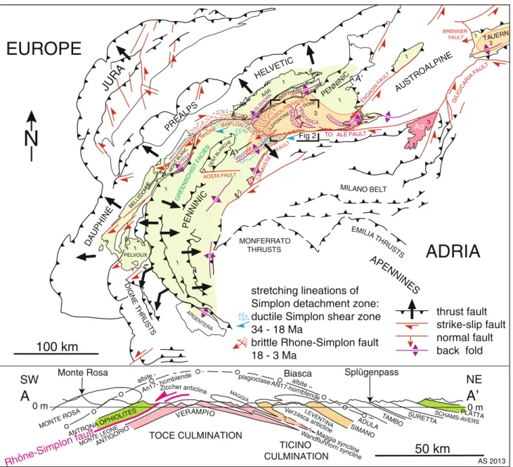 Fig. 1 Oligocene and Neogene structures and metamorphism of the Central and Western Alps, modified after Frey et al
