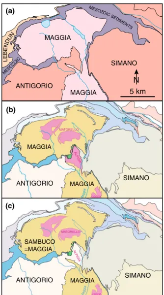 Fig. 5 Three models for the structural relations between the Sam- Sam-buco, Maggia, Antigorio and Simano units in the region of Peccia and Fusio in the upper Maggia valley