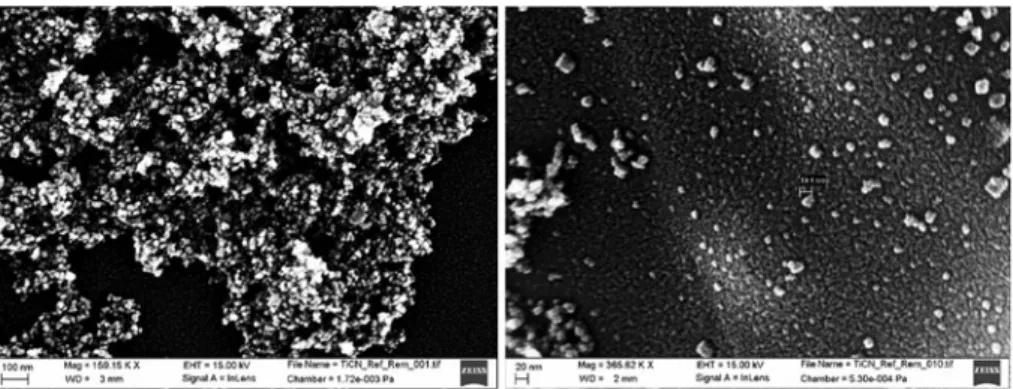 Fig. 5 SEM pictures of the ICP processed TiCN nanopowders without any surfactant