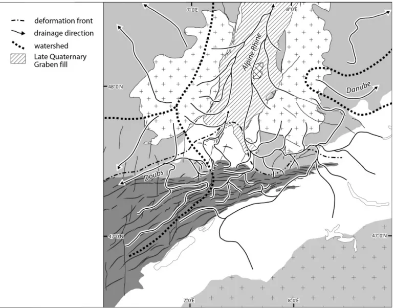 Fig. 9.  Late Quaternary (Alpine rhine and Doubs stage, 1.7–0 Ma). capture of the Alpine rhine and the headwaters of the Danube by tributaries of the river  Aare.