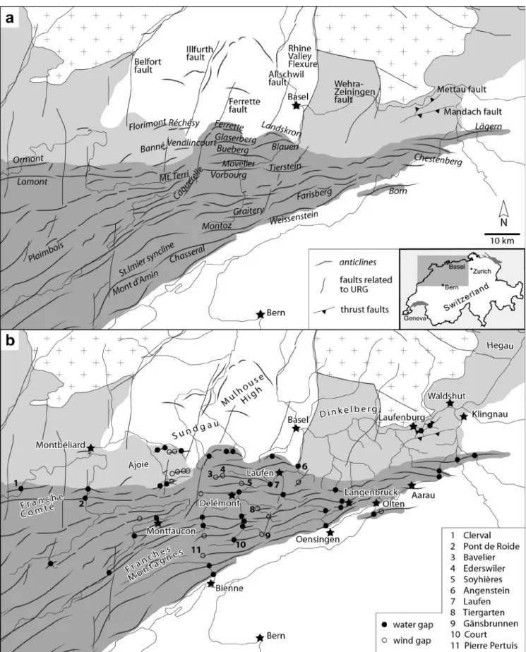 Fig. 2  a) Main tectonic elements of the study area. crosses: outcropping basement, light grey: tabular Jura and equivalents, dark grey: Jura fold-thrust belt, white: 