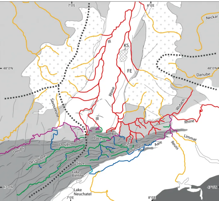 Fig. 3.  Modern drainage system of the study area. Dashed lines: drainage divides. Yellow: consequent rivers related to burdigalian uplift of Vosges-black Forest  Arch and to Alpine fans in the Molasse basin