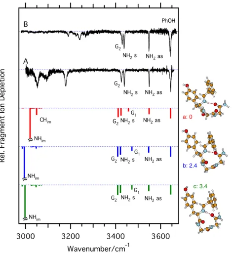 Figure 8. Comparison of the IR-UV double-resonance spectra of the a 4 ion to theoretical predictions (B3LYP/6-31+G(d,p)).