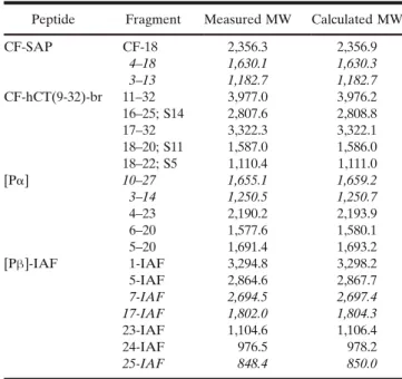Figure 6 schematically illustrates the suggested cleavage patterns of CF-SAP, CF-hCT(9-32)-br, [Pα] and [Pβ]-IAF in contact with either one of the cell cultures